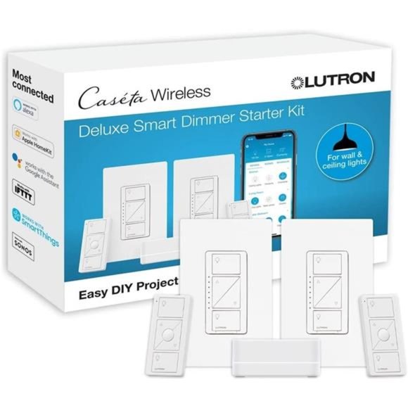 Lutron Caséta Deluxe Smart Dimmer Switch (2 Count) Kit with Caséta Smart Hub